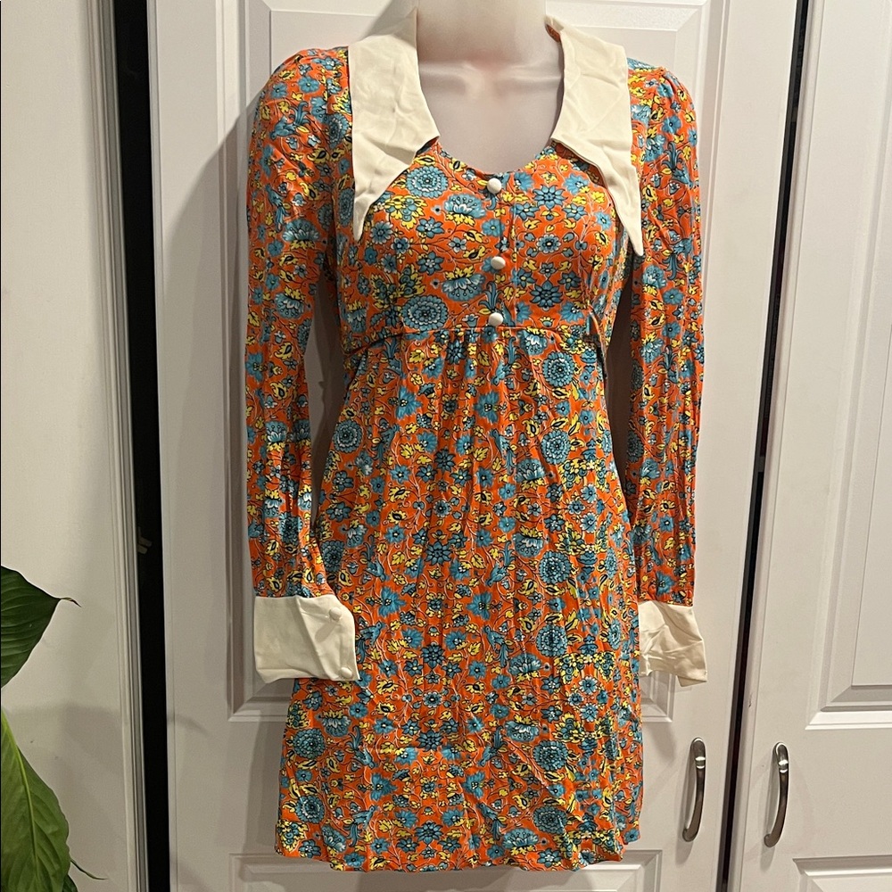 Long Sleeve Orange Floral Empire Waist Dress with Contrast Collar